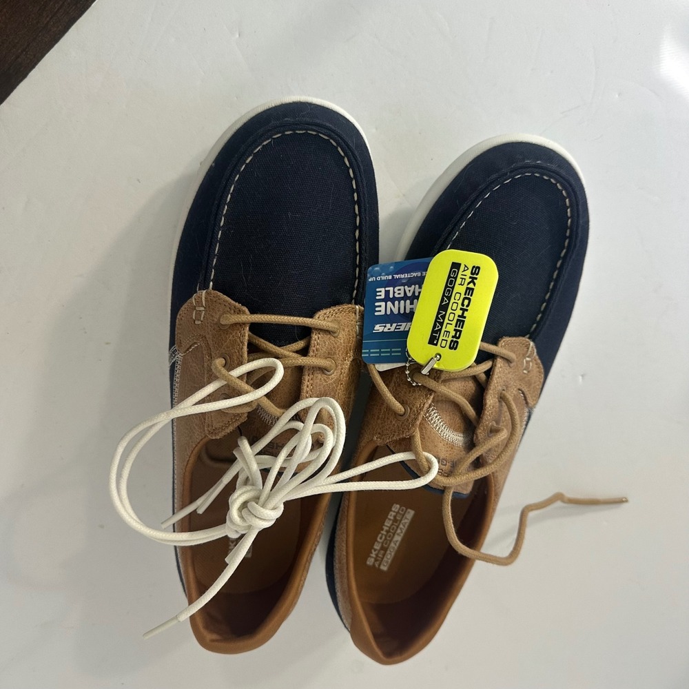 Skechers On-The-Go Boat Shoes Navy Tan Goga Mat Washable 15430 Womens 10